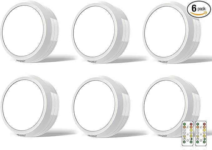 HOLKPOILOT Puck Lights with Remote Control, Under Cabinet & Counter Lighting, Battery Operated,Wireless Stick On Lights White (6pack)