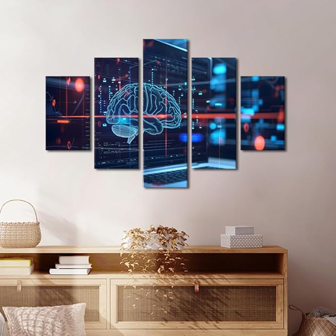 TUMOVO 5 Panel Artificial Intelligence Concept with Human Brain Wall Art for Bedroom Large Living Room Wall Decor Digital Brain on Modern Computer Background Poster Framed Ready to Hang 60" Wx40 H