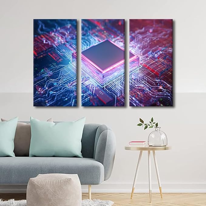 TUMOVO Black and White Wall Art 3 Panels Computer Processors CPU Canvas Wall Art Wall Decor Living Room CPU Concept Poster Artwork Rustic Decoration for Bedroom Decor Framed Ready to Hang(28" Wx42 H)