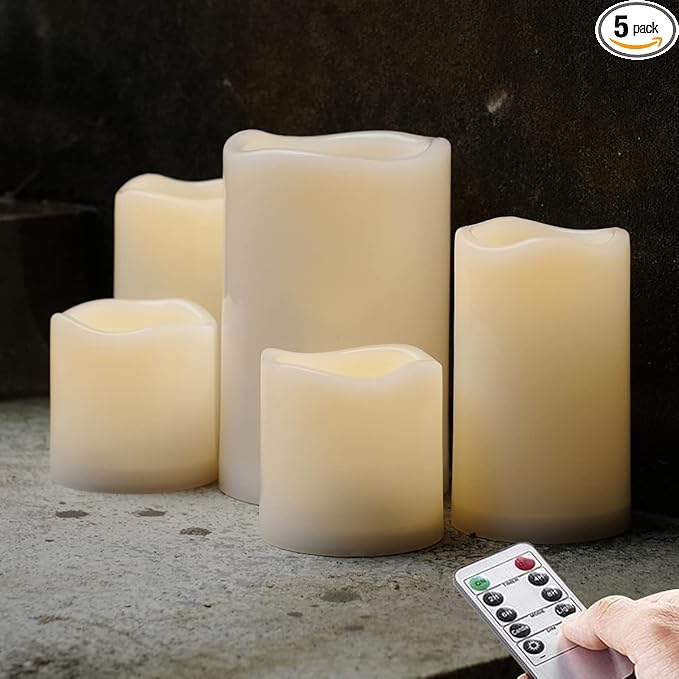 NONNO&ZGF 5 Pack Outdoor Waterproof Flameless Candles, Remote Battery Operated LED Resin Rainproof Pillar Candles (1pcs 4" x 6", 2pcs 3" x 5", 2pcs 3" x 3")
