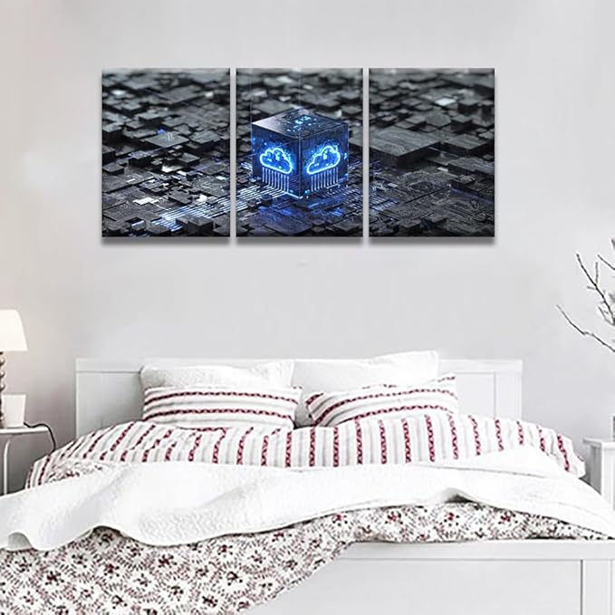 LSIUHWUWI Bedroom Wall Decor 3 Panel Cloud Computing Vetwork Security Concept Artwork Print on Canvas for Living Room Bedrooms Wall Decorations, Wooden Framed Ready to Hang 12x16inchx3