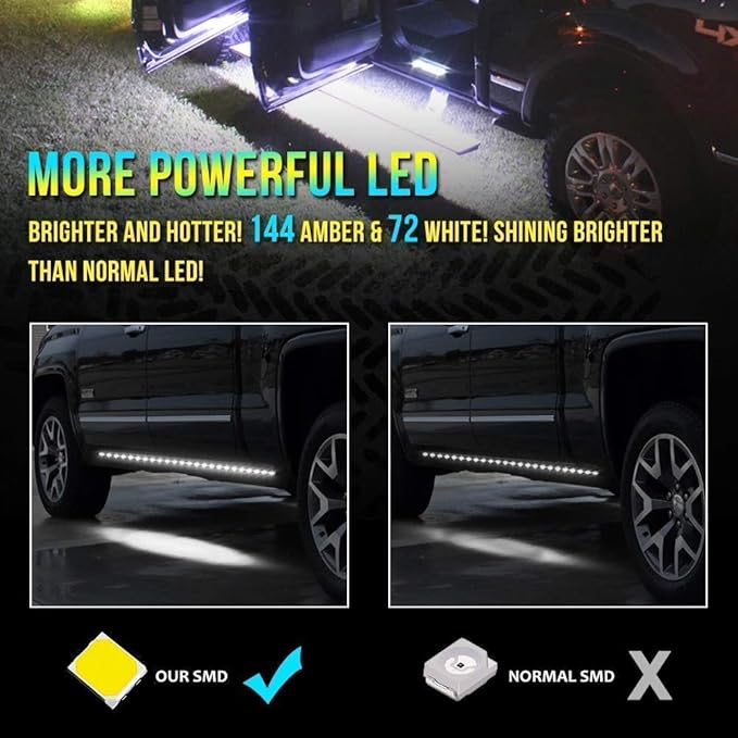 Truck Running Board Lights, Amber Turn Signal Lights Sequential Side Maker Lighting Kits, 2PCs 48 Inch White Courtesy Flexible Step Strip Lights for Extended Crew Cab Trucks Pickup (48")