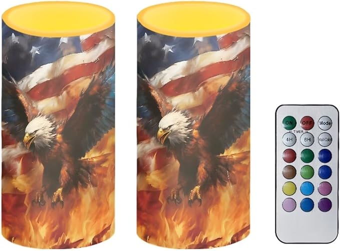 Eagle Flag Flameless Candles 2 Pack 6 x 3 inch Veterans Day USA Flag Battery Operated Candles with Multicolor Timer Remote Control LED Fake Candles for Warm Light Dinner Table Home Decor