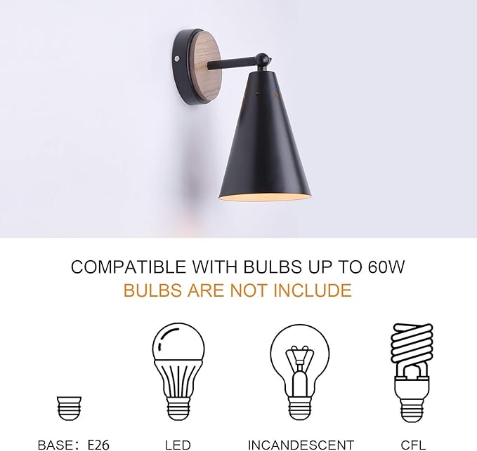 MWZ Rustic Farmhouse Black Metal and Wood Wall Sconce Adjustable Lamp，2 Pack,Rustic Wall Lighting Fixture for Bedroom, Living Room, Headboard, Garage, Porch