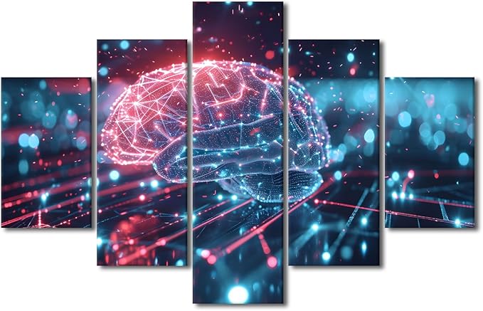 5 Panel Digital Human Brain Canvas Printing Futuristic Technology Wall Art for Living Room AI Artwork Wall Art Artificial Intelligence Picture Frames Collage Wall Decor Canvas Artwork House 60"Wx40"H