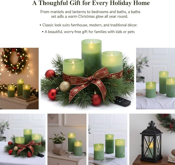 ANGELLOONG Green Flameless Candles with Remote, Glass Battery Operated LED Pillar Candles Flickering for St. Patrick's Day Christmas Home Decor, Set of 3