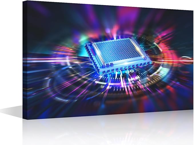 TUMOVO Glowing CPU Wall Art for Living Room CPU Concept Wall Decor Digital Age Framed Wall Painting AI Canvas Prints Pictures House Decoration for Bedroom Modern Artwork Office Wall Art, 18x12in