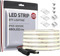 BTF-LIGHTING FCOB COB LED Strip IP65 480LED/m Flexible High Density Uniform Light 9W/m 16.4FT DC12V Natural White 4000K CRI 90+ 8mm Width for Home Indoor Decor(No Adapter or Controller)