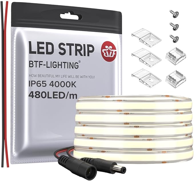 BTF-LIGHTING FCOB COB LED Strip IP65 480LED/m Flexible High Density Uniform Light 9W/m 16.4FT DC12V Natural White 4000K CRI 90+ 8mm Width for Home Indoor Decor(No Adapter or Controller)