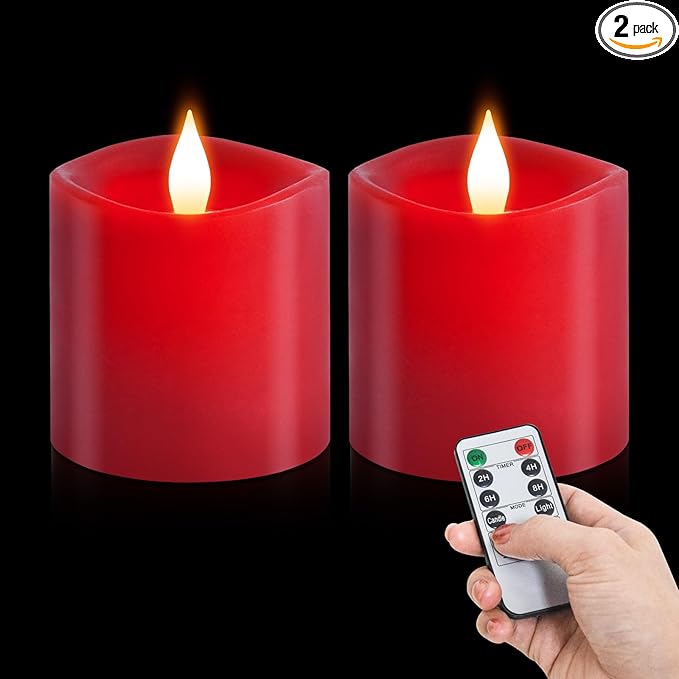 3x3 Flickering Flameless Candles Set of 2, LED Battery Operated Candles, 3 inch Flameless Candles with Remote Control, Suitable for Wedding Holiday Decoration,Red
