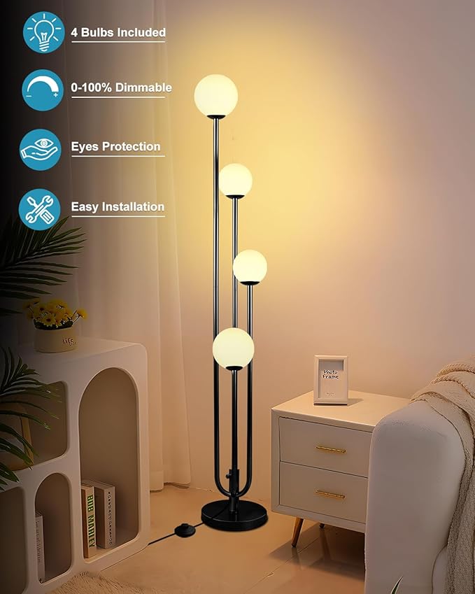 Lightdot Black Globe Floor Lamp 4-Lights Dimmable Floor Lamps with Tray 3000K Bulbs Included Unique Candle Standing Lamp for Living Room/Bedroom/Sofa Beside/Corner Decor