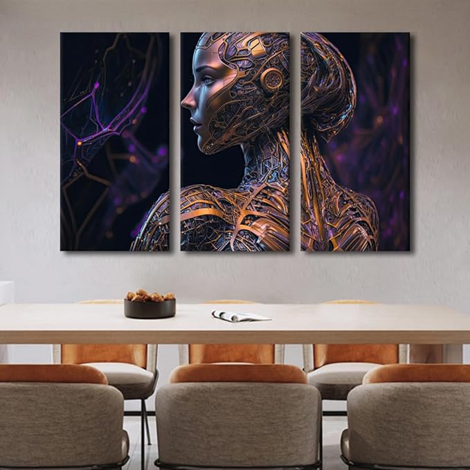 TUMOVO 3 Panel Large Wall Art Artificial Intelligence Cyborg Art Picture Poster for Home Office Wall Decorations, Giclee Modern Artwork Wooden Framed Ready to Hang, 60" Wx40 H