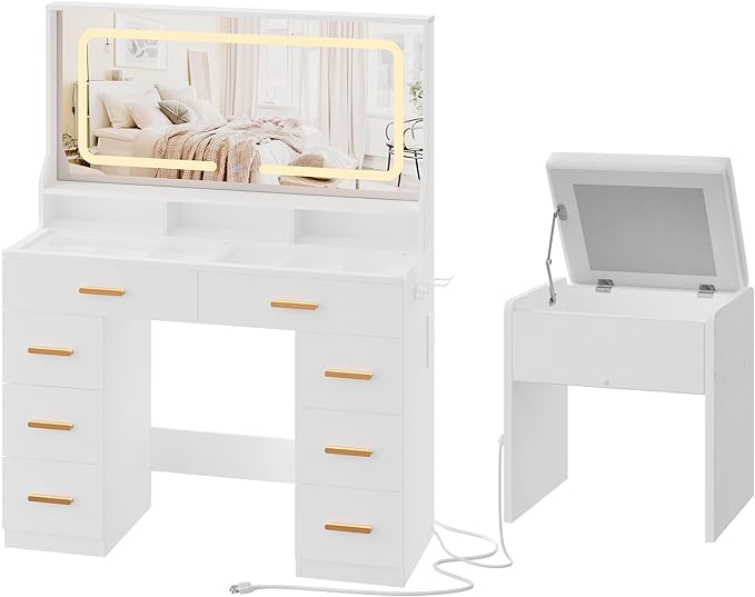 IDEALHOUSE Vanity Desk with Mirror and Lights, Makeup Table with Glass Top & 8 Drawers, 3-Color LED Mirror, Power Outlets & USB, Hair Dryer Holder, Stool Included, Dressing Table Set for Bedroom