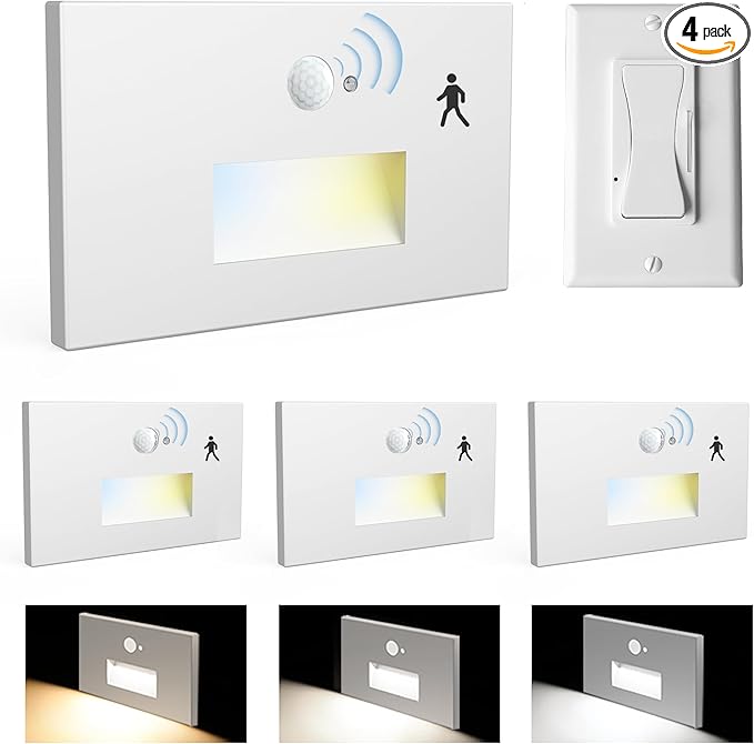 4 Pack Motion Sensor Stair Lights Indoor Outdoor,Dimmable Motion Activated Step Lamp 3000K/4000K/6000K,Hardwired 120V 4W IP65 Waterproof Outside Stairway Lights,Led Staircase Light- White