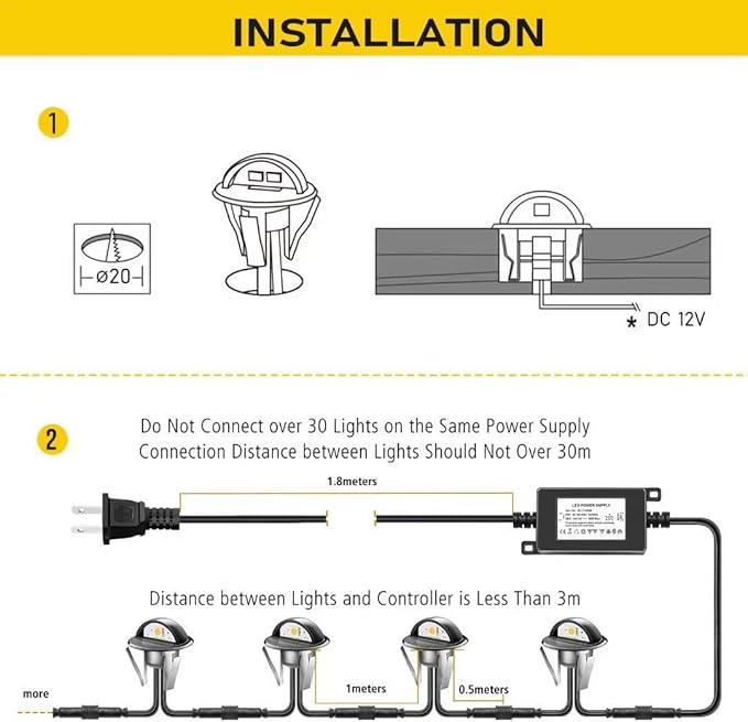 20pcs LED Step Lights Low Voltage IP65 Waterproof Recessed LED Deck Lighting, Half Moon F1.38 Yard Garden Patio Step Landscape Pathway Decor Lamps, Warm White