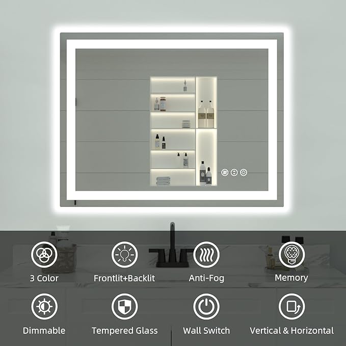 48"x 36" LED Bathroom Mirror with Lights, Double Lighting Sources Dimmable, Backlit + Front Lit, Anti-Fog, Lighted Bathroom Vanity Mirror for Wall(Horizontal/Vertical)