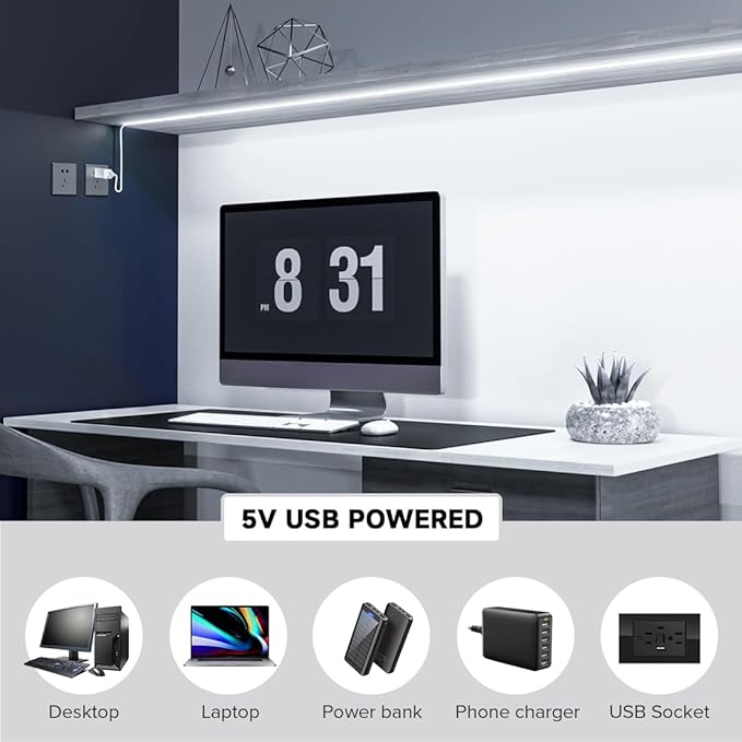 BTF-LIGHTING FCOB USB Powered Cool White 6000K COB LED Strip Lights 9.8FT 960LEDs 5V 8mm Width 90+ High CRI Ultra Bright Flexible Light for TV Backlight Display Cabinet PC DIY Decor