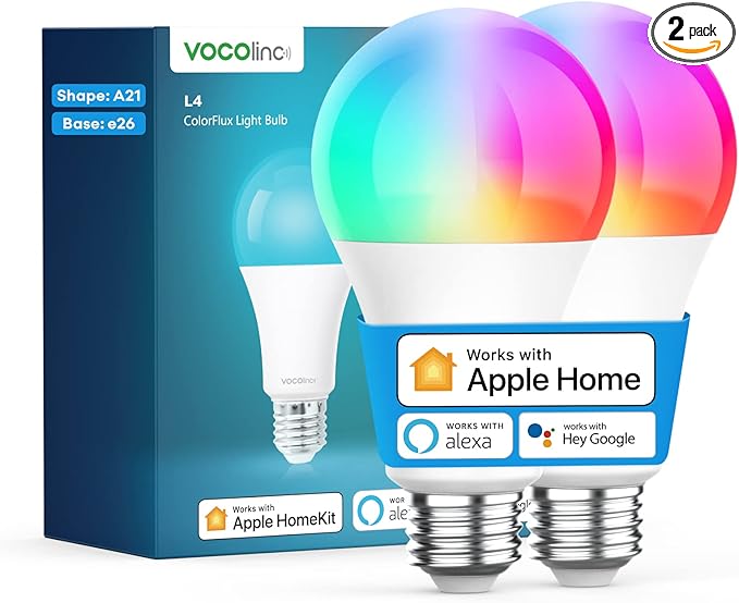 VOCOlinc Smart Light Bulb Works with Apple Homekit, Alexa, Google Home, Full Color Changing WiFi LED Bulbs, 850 Lumens Dimmable Multicolor 2200K-7000K, A21, 9.5W, 2 Pack