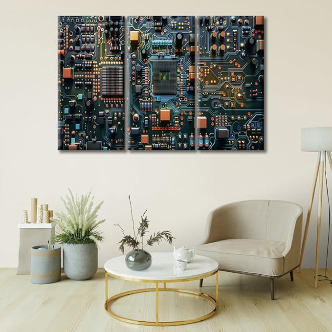 3 Panels CPU Concept Pictures Wall Art Microcontroller Technology Pictures Print on Canvas Circuit Board Wall Decor Paintings for Home Decor Stretched and Framed Easy to Hang (36" Wx24 H)
