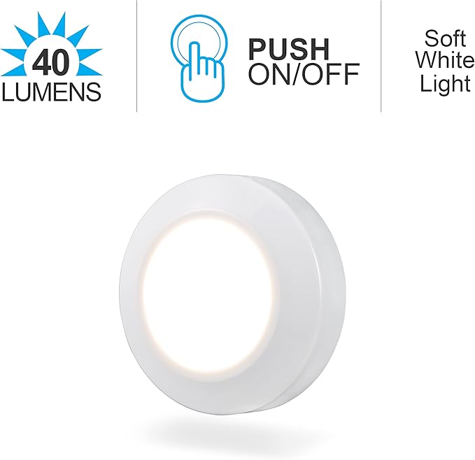 GE Round Mini Touch Light, Battery Operated, White, Push On/Off, Wireless, Emergency Lighting, Hurricane, Storm, Tornado, Under Cabinet, Closet, Attic, Nightstand, Nursery, Bathroom, Hallway, 55219