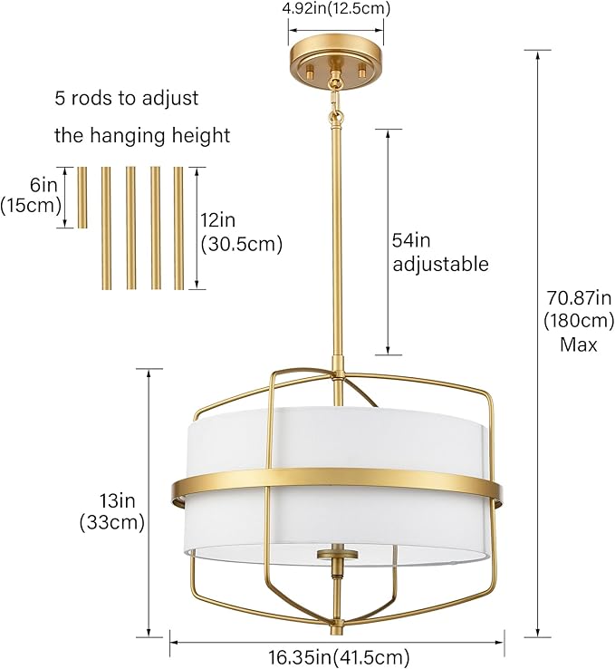 DAYCENT Modern Gold Pendant Light 3-Light Drum Shade Chandelier 16-Inch Brass Pendant Lighting with Drum Fabric Shade Hanging Light Fixture for Dining Room Living Room, Adjustable Height