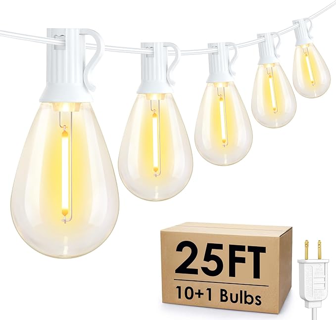 25FT LED Outdoor String Lights, 10+1 Edison S11 Dimmable Bulb Waterproof Shatterproof Patio Lights, Linkable Hanging Strand for Yard, White