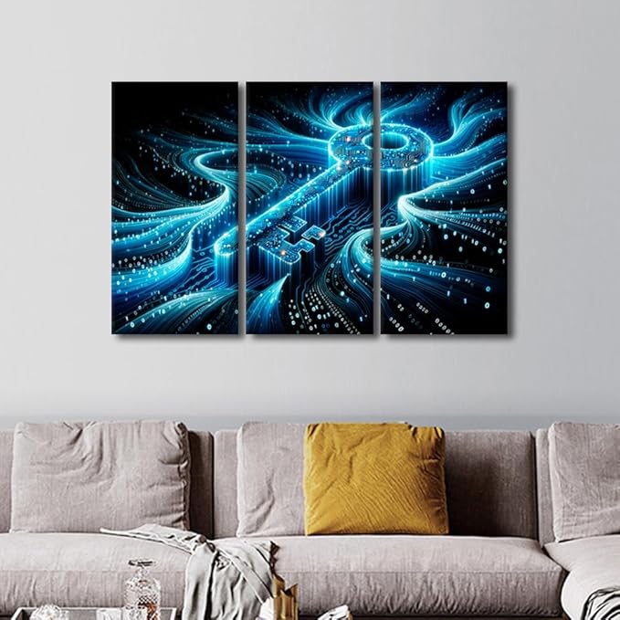 TUMOVO 3 Panel Wall Art Abstract Cyber Security Concept with Key and Binary Code Pictures Print on Canvas for Home Office Hotel Wall Decoration, Wooden Framed Ready to Hang, 42" Wx28 H