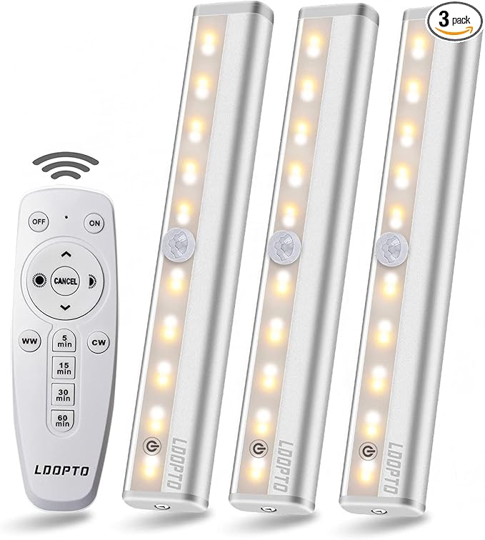 LDOPTO Battery Operated Lights Wireless Under Cabinet LED Closet Lighting Under-Counter Light fixtures Without Wiring with Remote/Touch Control for Kitchen Shelf Hallway Stairs, 3 Colors 3 Pack