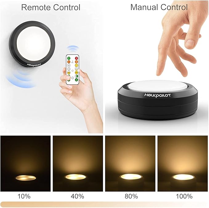 HOLKPOILOT Puck Lights with Remote Control, LED Under Cabinet Lighting, Battery Operated Light, Closet Dimmable Stick On Light (4Pack)