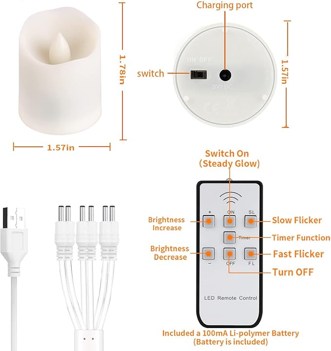 FREEPOWER Rechargeable Flameless Flickering Tea Light Candles Remote Control High Brightness Votive Candles with Cycling Timer, for Home and Holiday Decor, Pack of 6.