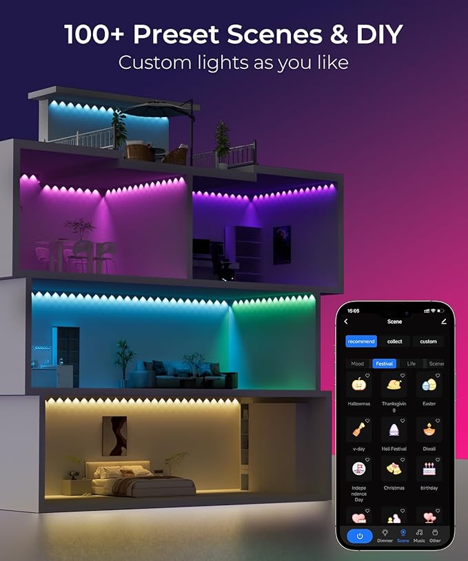 Smart RGBW+IC String Downlights, 20ft with 30 LED String Lights, 111 Scene Modes, Music Sync Color Changing Indoor Wall Light Fixture for Party, Christmas Birthday, APP/Voice/Remote Control
