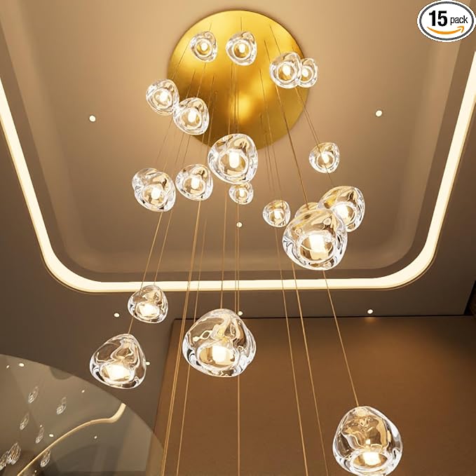 LED Glam Chandelier 118 inches Long Light Luxury Crystal Ceiling Chandeliers Remote Dimmable High Ceiling Pendants Lighting Fixtures Antique Gold 15 Lights
