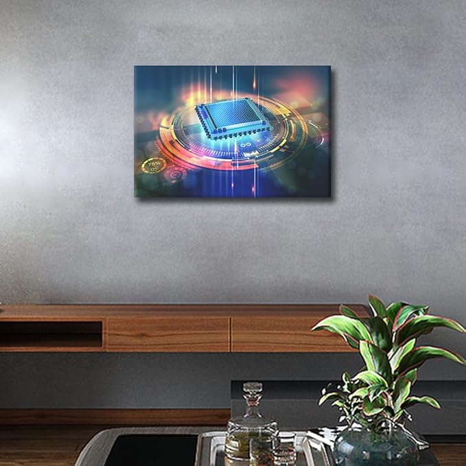 TUMOVO Wall Paintings for Living Room Futuristic CPU Modern Office Wall Art Computer Chip Large Wall Decor Virtual Space Canvas Wall Art for Bedroom Artwork Framed Ready to Hang, 24x16in