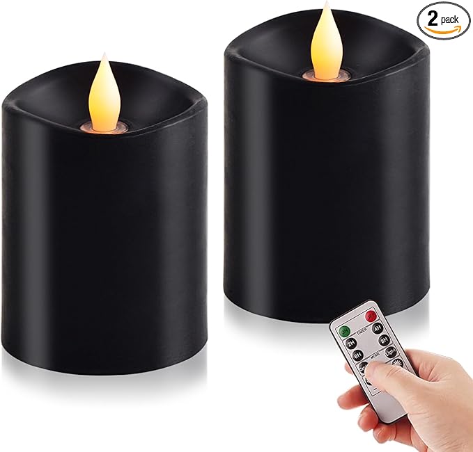 3x4 Flickering Flameless Candles Set of 2, 2AA Battery Life 600 Hours Battery Candles Flickering with Timer,4 inch Flameless Candles with Remote for Home Wedding Party Halloween Decoration, Black