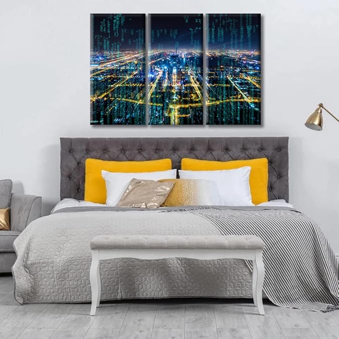 3 Pieces Abstract Futuristic PCB Pattern and CPU Poster Home Decor Modern City with Wireless Network Connection Artwork Wall Art for Living Room Print on Canvas Framed Ready to Hang ((42"Wx28"H)