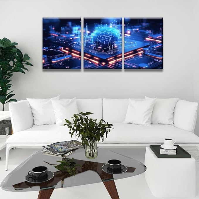Multi Panel Large Wall Art Cloud Computing transfer Data on Internet Pictures Print On Canvas for Living Room Decoration, CPU Artwork Framed Ready to Hang, 12x16inchx3
