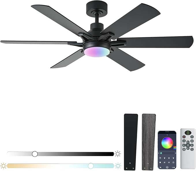 52in Ceiling Fans with Lights RGB Ceiling Fan with Light and Remote/APP Control,Low Profile Ceiling Fans with Lights for Bedroom,Living Room,Kids Room,3CCT Dimmable Modern Ceiling Fan, 6 Speeds,black
