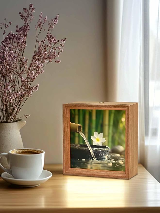 Wood Night Light Box 6.5x6.5in,Zen Meditation Plumeria Flower Table Lights Wooden Picture Frame with USB Rechargeable Touch LED Lights for Home Decor Desktop Display,Flowing Water Forest
