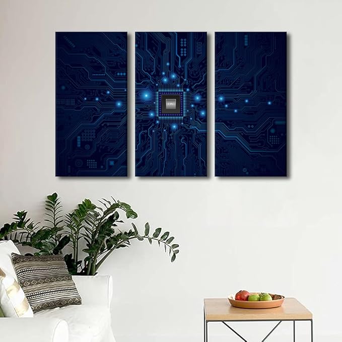 Wall Art Paintings Digital Age Canvas Prints Technology Digital Art 3 Pieces Posters Stretched Pictures for Living Room Modern Home Decor Framed Canvas Wall Art Decorations Ready to Hang(28" Wx42 H)