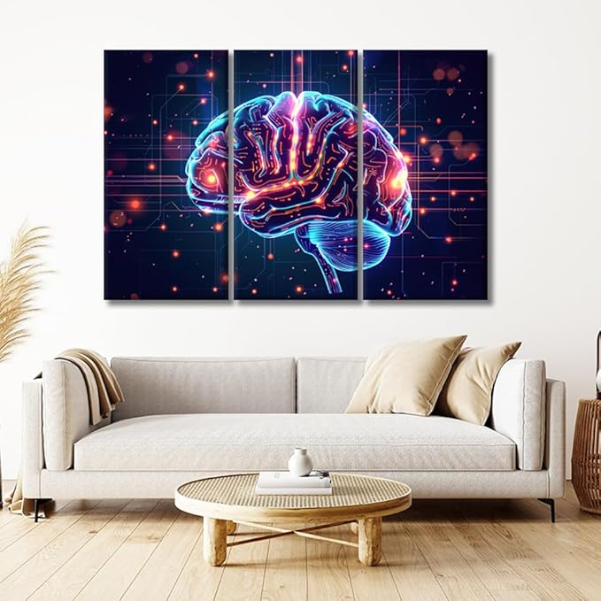 LSIUHWUWI Wall Decor for Bedroom AI Brain Cloud Networking Posters and Prints GPU, Crypto, AI Pictures Print on Canvas 3 Pieces Wall Artwork Stretched And Framed Ready to Hang 20x40inchx3