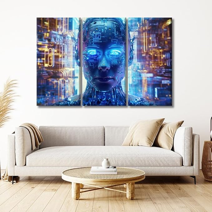 3 Panels Framed Wall Art Cloud Networking, Crypto, AI, Firewall Network Security Picture Prints on Canvas Artwork for Office Decor Ready to Hang, 20x40inchx3