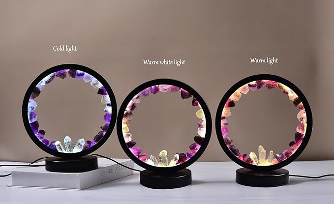 AMOYSTONE Natural Purple Fluorite Crystal Night Light, USB Rechargeable 3-Color Adjustable Lamp 7.5", Bedside Meditation Lamp for Bedroom Office Home Decor
