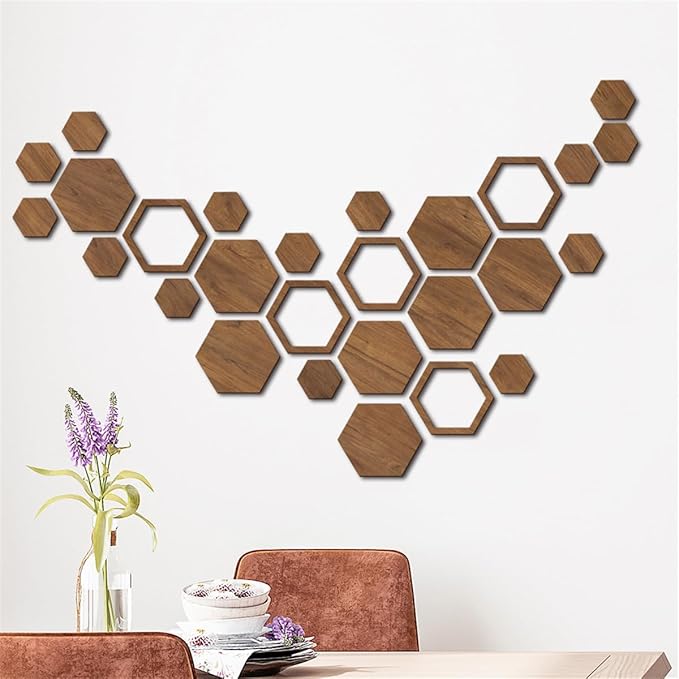 Wooden Hexagon Wall Art Decor, 27 PCS 3D Removable Hexagon Wall Stickers Honeycomb Decor, Wood Hexagon Wall Decor Panels DIY Hexagonal Wall Decals for Office Living Room Bedroom Home Wall Decoration