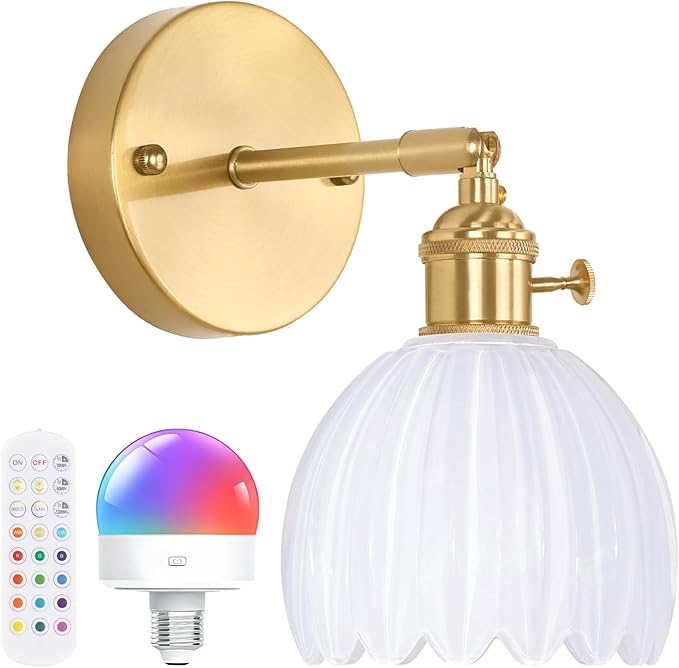 Vintage Battery Operated Wall Sconce with White Tulip Glass Lampshade Rechargeable Battery Powered Wall Light with Remote Control for Bedside Bedroom Doorway