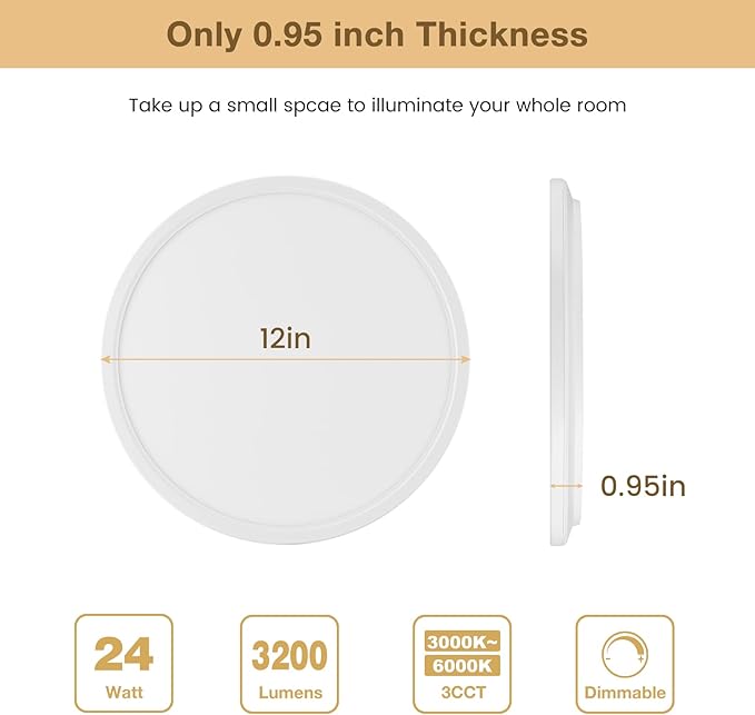 LED Flush Mount Ceiling Lights Dimmable 12Inch 3200LM 24Watt, 3000K 4500K 6000K, Low Profile Surface Mount Super Slim Light Fixtures, Thin Flat LED Panel Lights for Bedroom Bathroom Hallway, 4 Packs