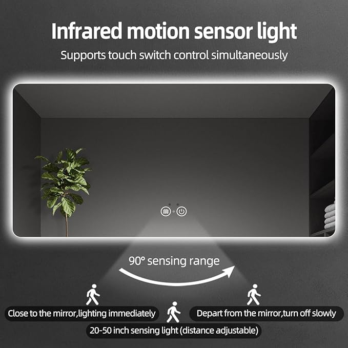 LED Bathroom Mirror with Lights, 36"x72" Smart Backlit Mirror with Auto Sensor Light, Anti-Fog, Wall-Mounted HD Mirror, Shatter-Proof, 3-Color Stepless Dimmable, Memory, UL-Listed