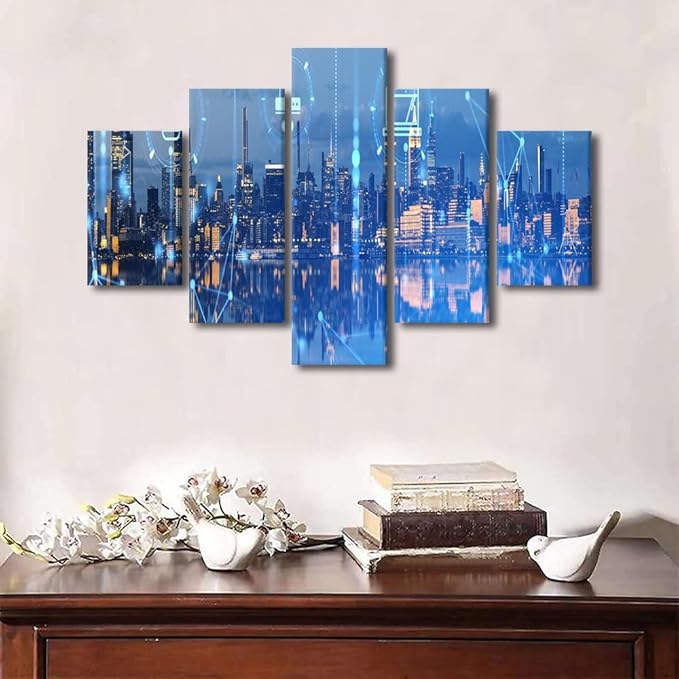 Wall Art for Home New York Cityscape Student Bedroom Canvas Decor 5 Panel Urban Skyline Poster Modern Advanced Smart City Picture Communication Network Canvas Art Stretched Ready to Hang 60x40 Inch