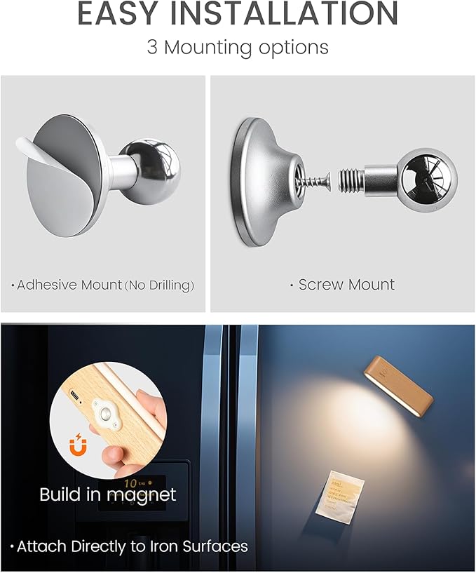 Wood Battery Operated Wall Sconces Set of Two, Magnetic Mini Wall Lights with 360° Rotation and Adjustable Brightness, Stick-On Mount for Bedside, Hallway, Living Room (2Pack Beech Wood)