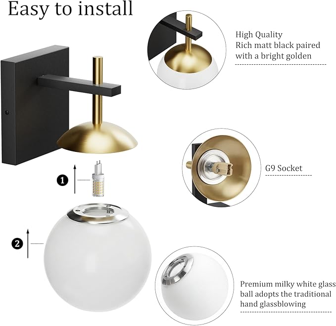 Ralbay Black Gold Indoor Wall Sconces Set of 2,Mid Century Modern Bathroom Wall Lighting Fixtures Milky Glass Wall Lamp for Bedroom Living Room Vanity Hallway,Black and Gold(Exclude Bulb)