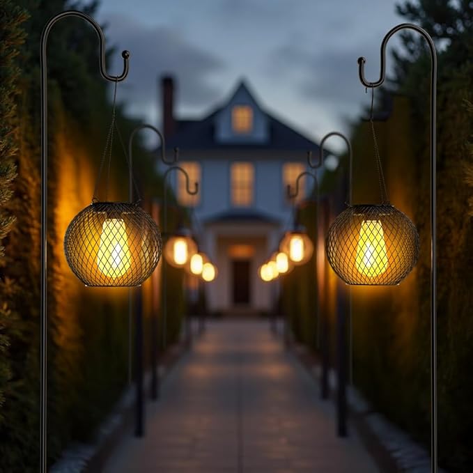 Modern Solar Mesh Globe Pendant Lights, Black Metal Hanging Spherical Lanterns with Edison Bulbs, Chain-Mounted, Indoor Outdoor (Black-4-Pack)